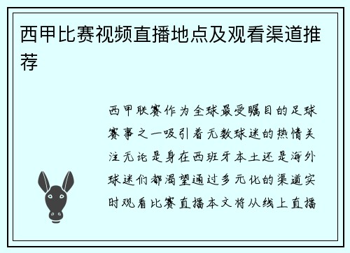 西甲比赛视频直播地点及观看渠道推荐